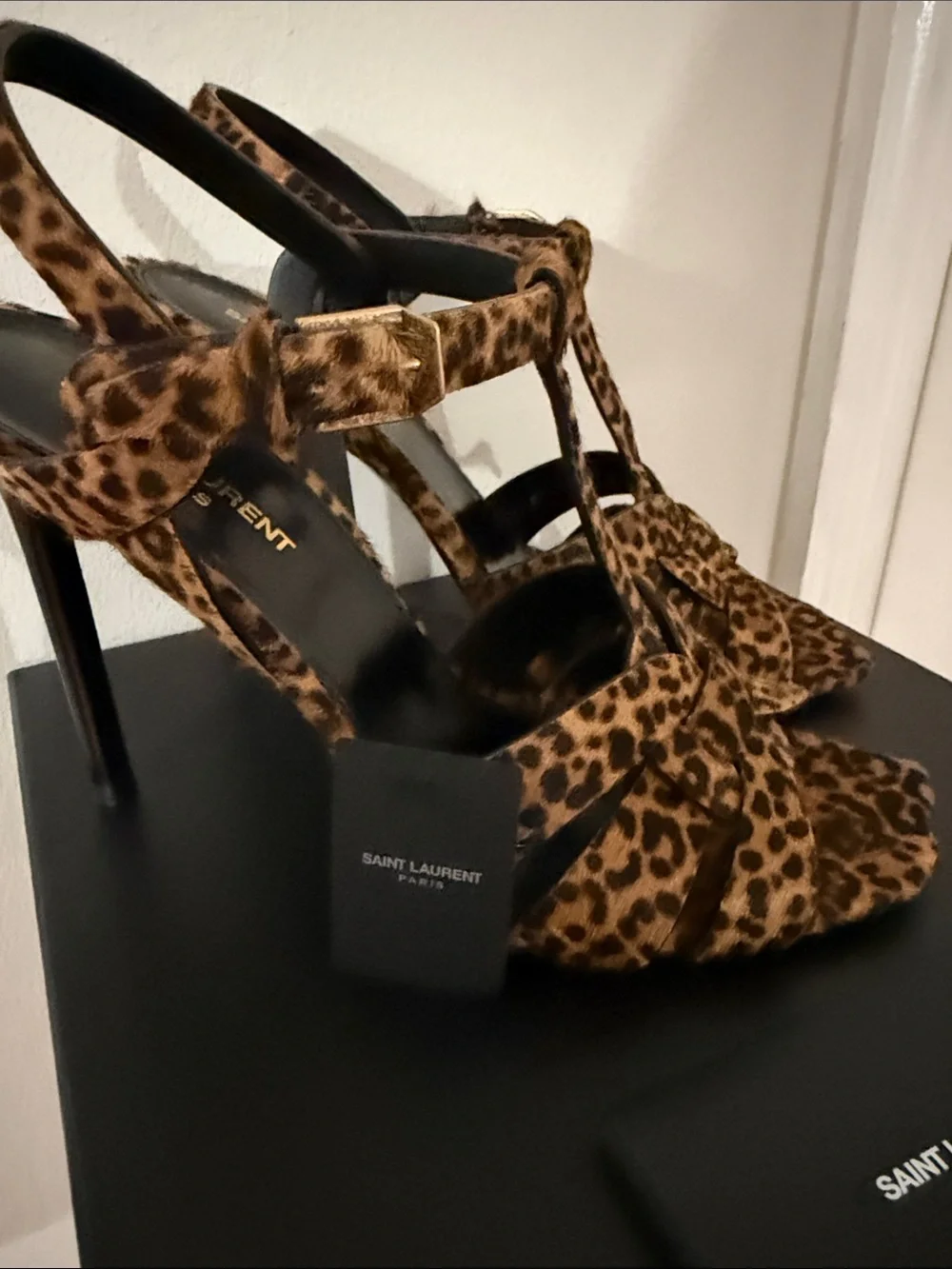 New Saint Laurent Tribute Leopard Print T-Strap Sandals - Pony Fur Brown